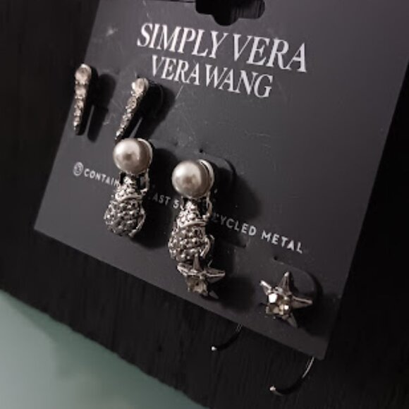 VERA WANG 3pc SET Rocker Chic Gunmetal Beetle/Spike/Star Front Hoop Earrings - Picture 2 of 4